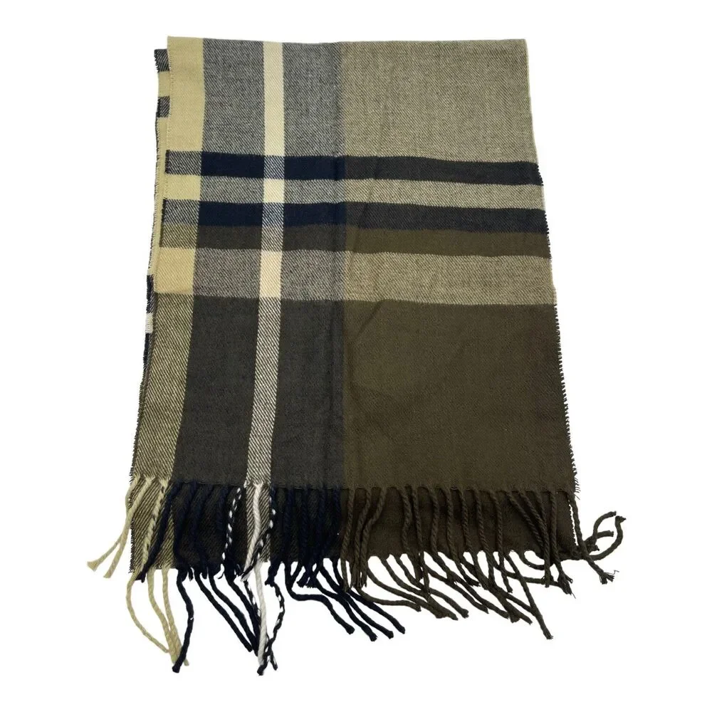 Italy Design Soft Cashmere Viscose Blend Plaid Fringed Scarf Brown Black Beige